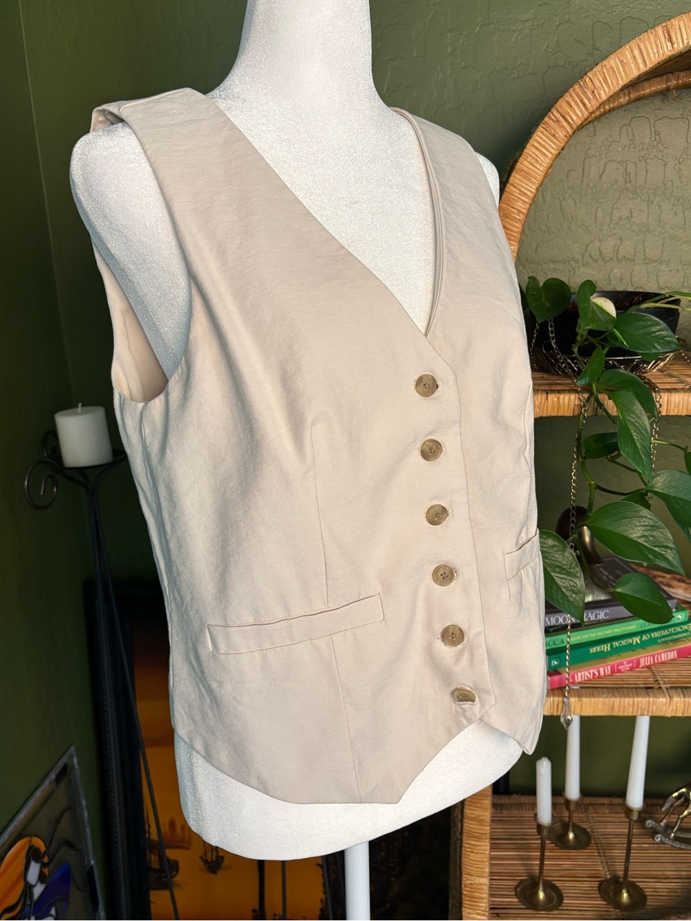 A New Day Beige Button Up Vneck Tank Top Vest